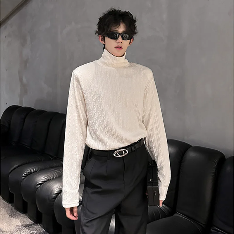 WTHT Fashion 2025 Autumn Men's Solid Color Texture Knit Casual T-shirts Trendy Stand Collar Long Sleeves Pullover Male 2A2223