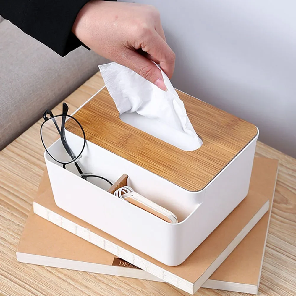 1pc Desktop Tissue Box with Wooden Cover Handkerchief Case Paper Storage Boxes Multifunction Household Kitchen Desktop Organizer