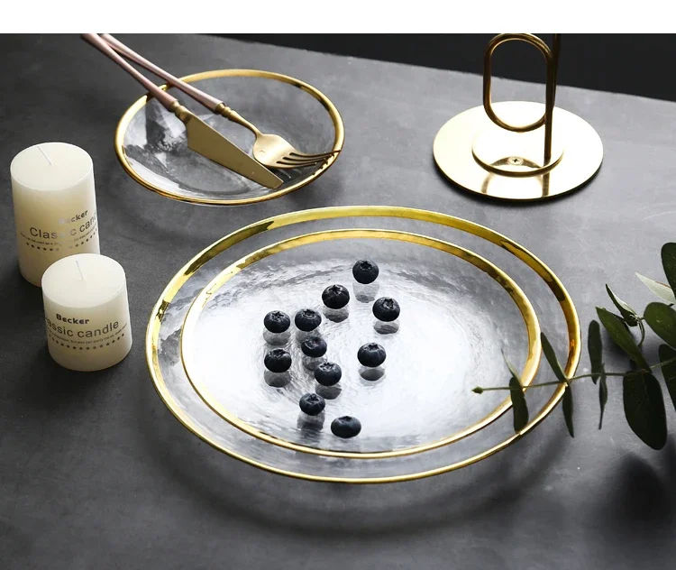 Clear Glass Gold Stroke Tableware Charger Plate Transparent Glass Dinner Cake Food Dessert Plate Bowl Set Table