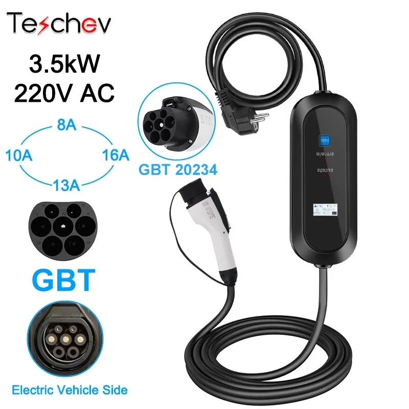 

Teschev GBT EV Charger Portable Wallbox Charging Cable 16A Adjustable EU Schuko Plug Fast Charge EVSE for Electric Vehicle