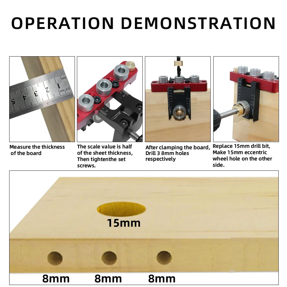 Holzbearbeitung 3-in-1-Dübellehre, Universal-Dübelle, Nockenlehre, Holzloch-Bohrführung, Locator, verstellbares Taschenloch-Jig-Set – Detail 16