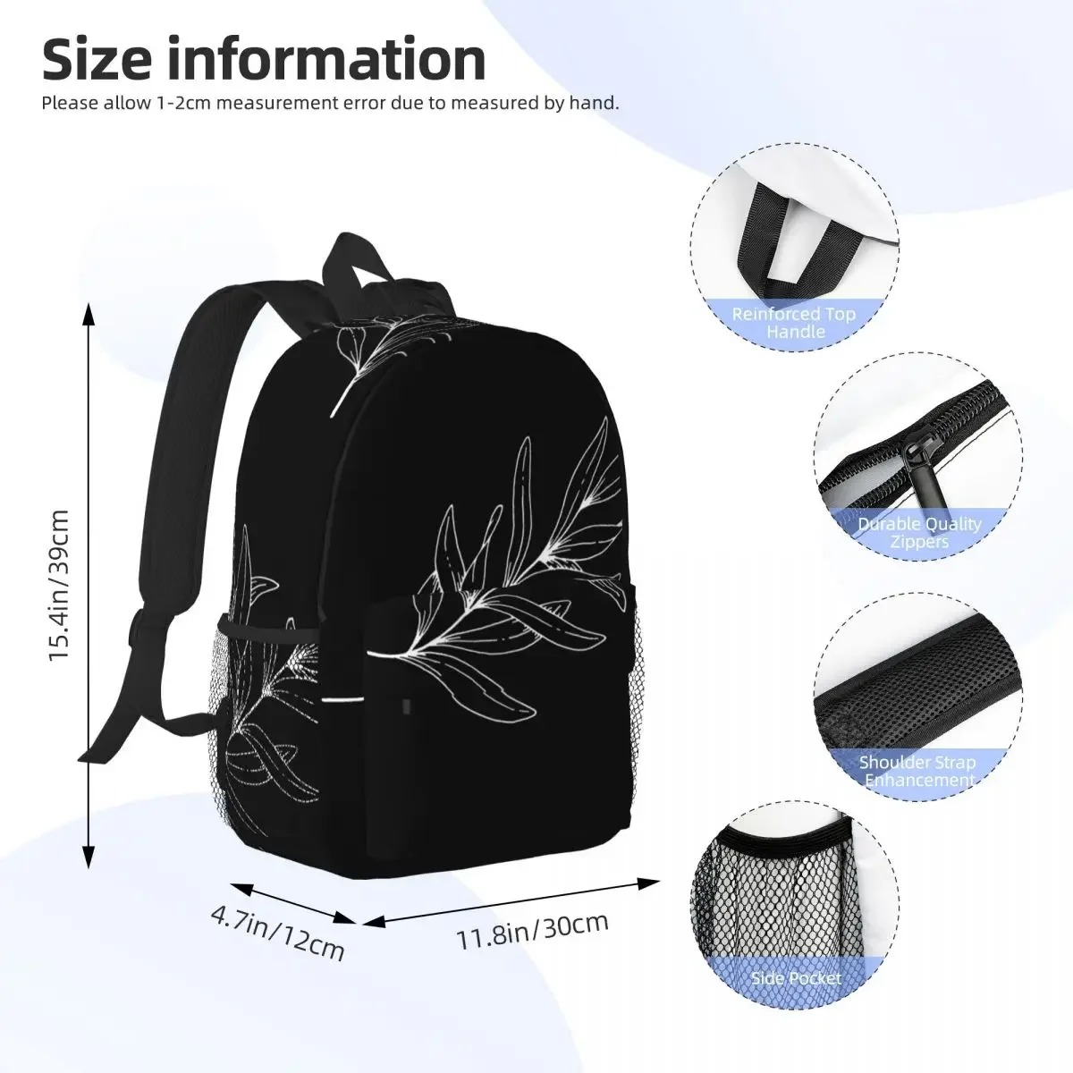 Leaf Design Black And White Collection 2 Backpacks Teenager Bookbag Cartoon Children School Bags Travel Rucksack Shoulder Bag