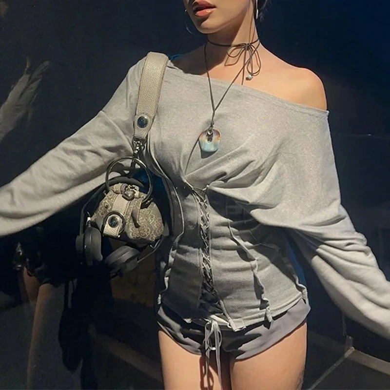 

OMSJ нерегулярный диагональный воротник с длинным рукавом, обтягивающие крест-накрест на шнуровке, модные однотонные топы с длинными рукавами, женская сексуальная уличная одежда