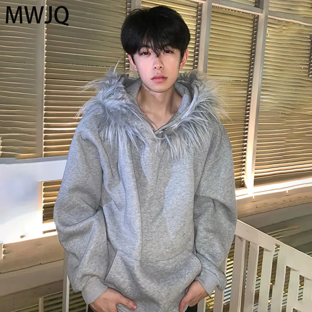 

MWJQ American Retro Detachable Fur Collar Hooded Sweatershirt Heavy Male Street Cleanfit Pullover Long Sleeve Top Autumn 010345