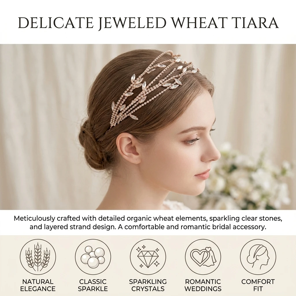 Bridal Headpiece Comfort Fit Hairband for Wedding Ceremony Rose Gold Wheat Ear Pearl Rhinestone Hair Accessory Elegant Gift