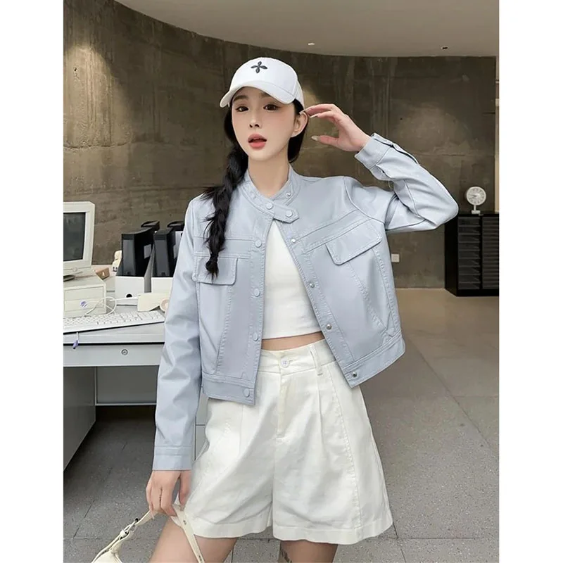 عالية الجودة بولي معطف معطف معطف جلد المرأة ربيع الخريف 2025 جديد أبلى سترة جلدية قصيرة سيدة الكورية معطف الموضة الإناث