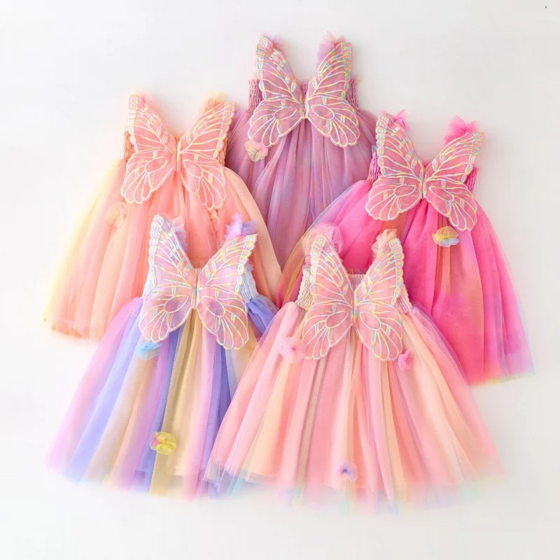 Sleeveless Princess Kids Dresses for Girls Children's Rainbow Mesh Suspender Dress Puff Three-dimensional Wings Fairy Dress