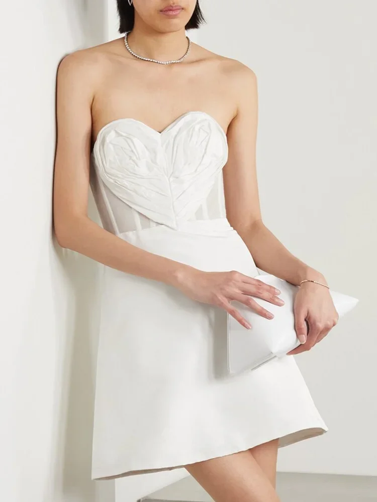 

Fashion Summer Dresses For Women 2024 New White Strapless Sleeves Mini A-Line Dress Elegant One-Piece Gown