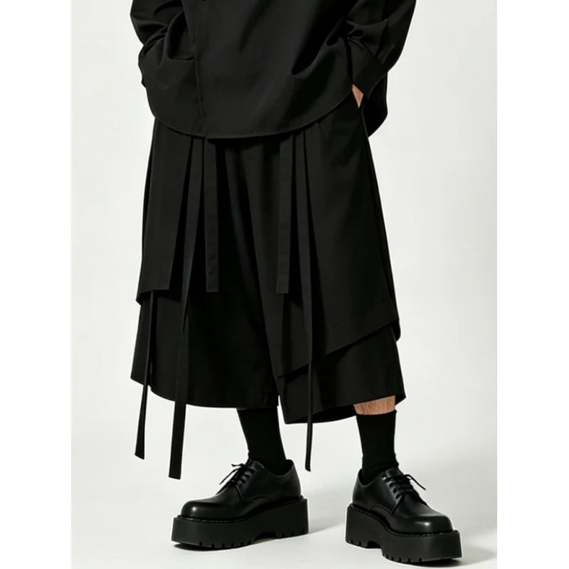 Men'S Casual Pants, Japanese Dark Irregular Skirt Pants, Men'S Loose Wide-Leg Design Sense, High-Waisted Nine-Inch Pants A67