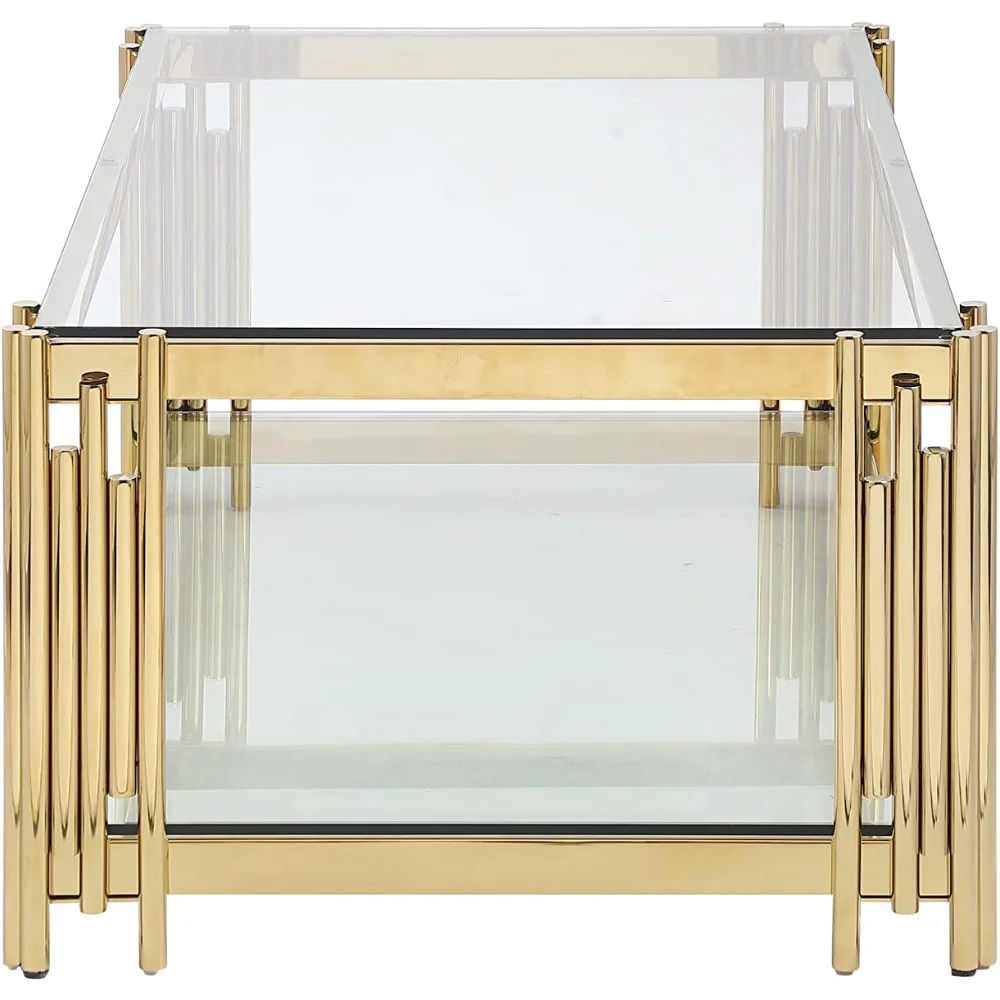 48" Gold & Glass Rectangular Coffee Table - Living Room Center Table with Glass Top & Golden Stainless Steel Legs