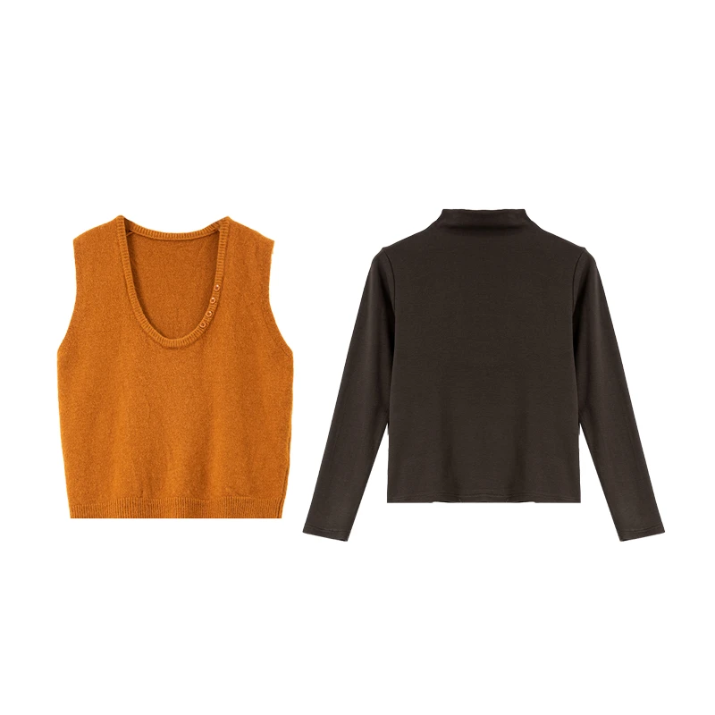 مجموعة VIMLY النسائية المتماسكة لخريف 2025 سترة متماسكة بأزرار على شكل حرف U وسترة متماسكة بلون سادة وياقة مدورة ملابس عصرية لافتة للنظر 30368