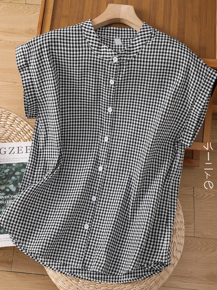 

Японский клетчатый хлопковый льняной топ Svel irt, женский повседневный утягивающий художественный льняной топ с воротником-стойкой, летняя мода