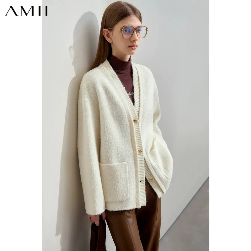 AMII Winter Clothes Women 2026 Sweater Cardigan Women Coat Winter Jacket Woman Long Sleeve Top Spliced V-neck Loose 12423086
