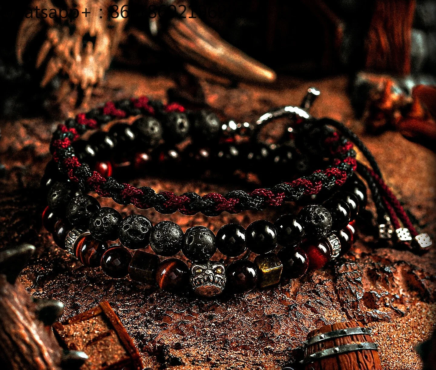 [Blazing Flame] Obsidian Bracelet Men's Red Tiger's Eye Bracelet Beads Retro Volcanic Stone Hand Rope Stacked Wear