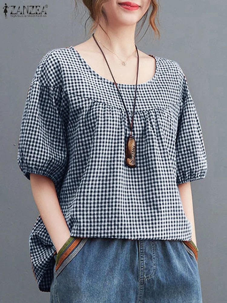 ZANZEA Vintage Gingham Blouses Women Casual Half Lantern Sleeve O Neck Smock Tops 2025 Summer Daily Checked Seamed Blusas Mujer