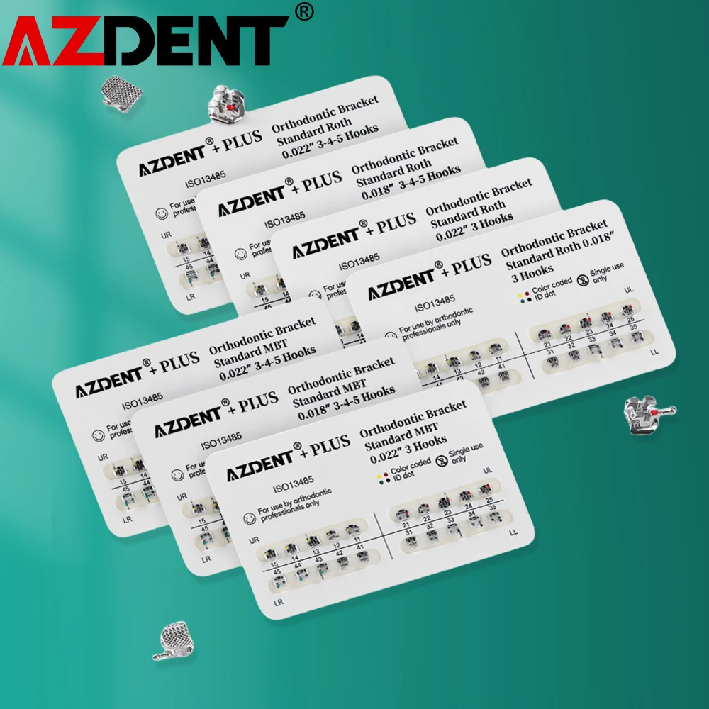 20Packs AZDENT Dental Brackets Orthodontic Braces Plus Metal Mini Standard Mesh Base Roth/MBT 0.022/0.018 Hooks 345 20pcs/Pack