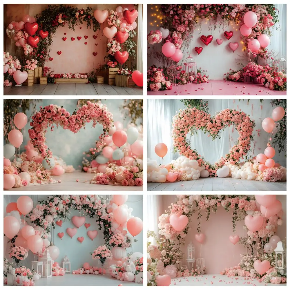 

Valentines Day Photography Backdrop Love Heart Flowers Balloons Birthday Wedding February 14 Event Party Decor Photo Background