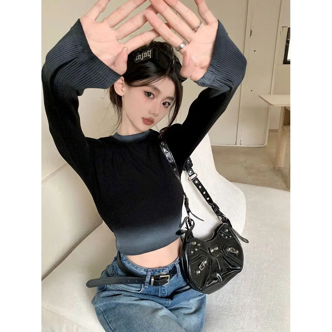 American Gradient Design Long Sleeve Short T-Shirt Women's Spring 2026 Slimming Base Layer Top Skin-friendly Breathable