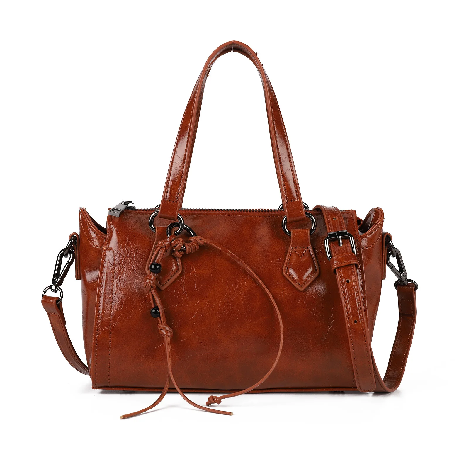 Retro Women Handbags Texturd Pu Leather Tote Bag Beads Tassel Large Capacity One Shoulder Crossbody Bags