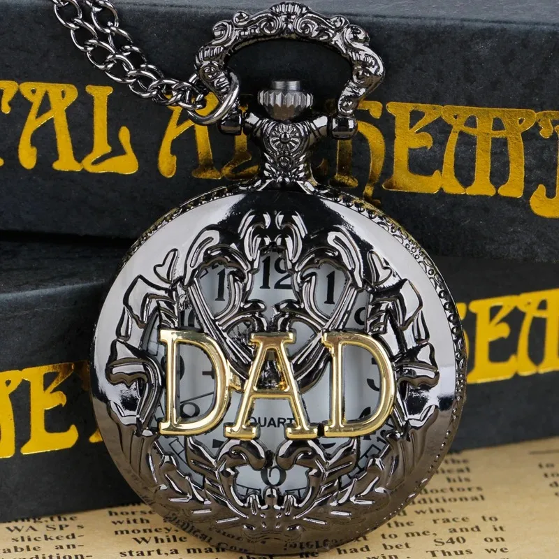 DAD 彫刻クォーツメンズ懐中時計チェーンネックレス付きヴィンテージブラック高品質ヴィンテージ誕生日ギフトお父さんへ