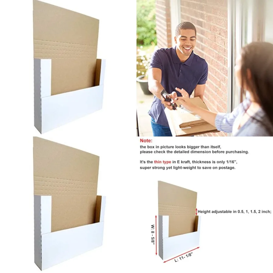 

11 1/8" x 8 5/8" x 2" Cardboard Easy-Fold Shipping Box Mailers, Letter-Size Height Adjustable for Comics Books Photos, White EM