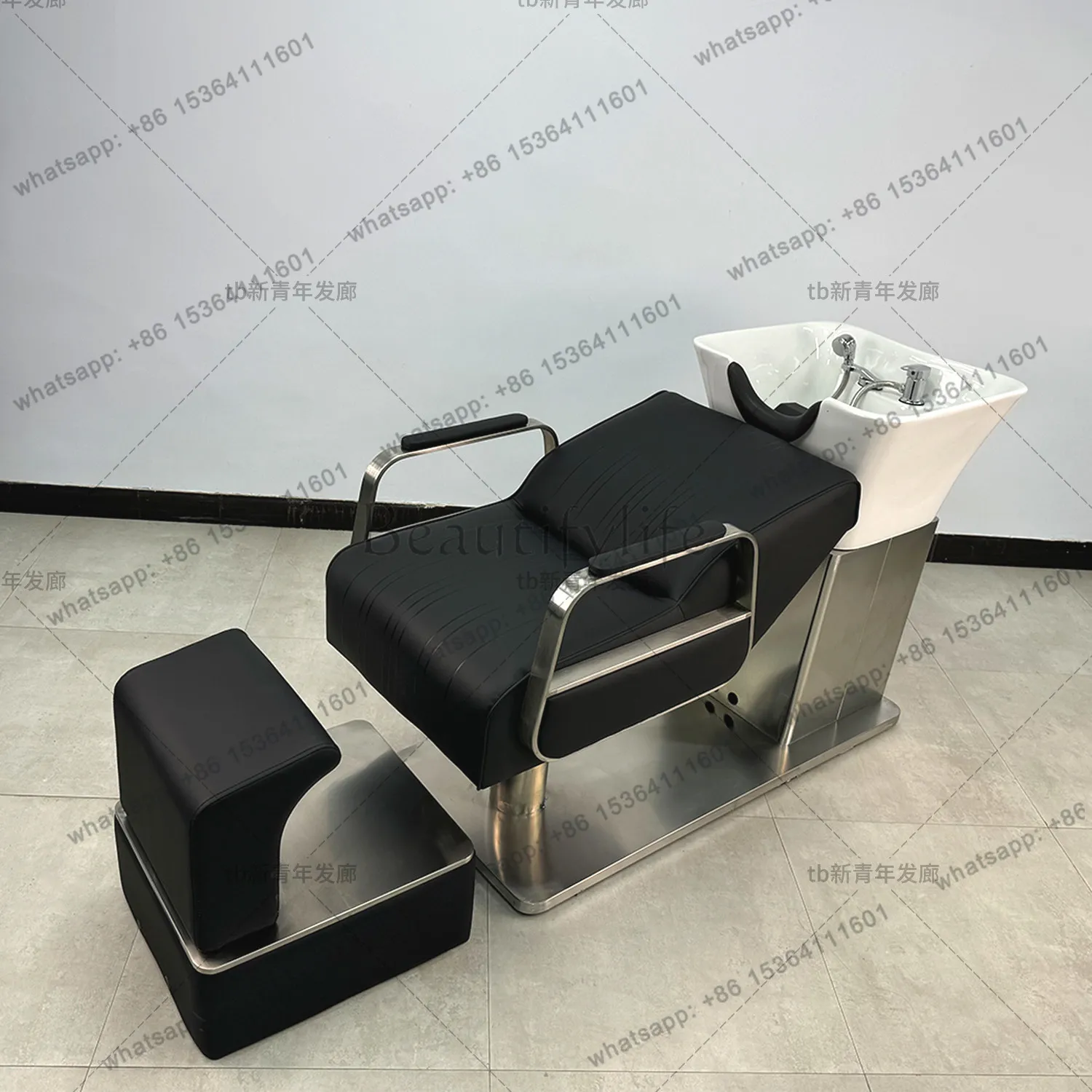 Barber shop semi-reclining shampoo bed hair salon special hair salon Japanese soft pillow stainless steel flush bed chair
