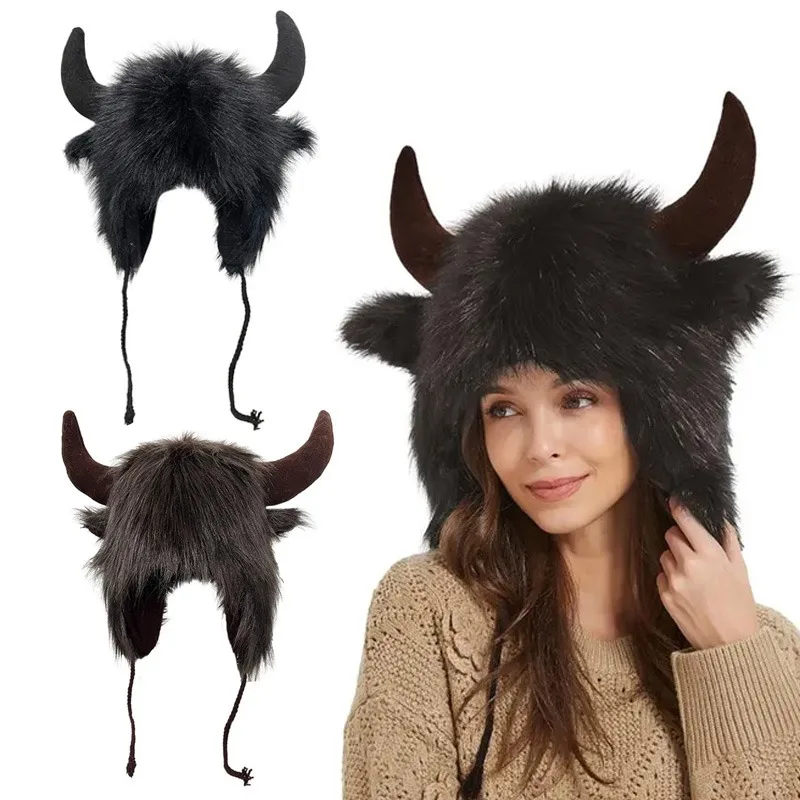 Funny Hat Halloween Fake Cow Horn Decor Thick Warm Faux Ear Protection Unisex Winter Windproof Fluffy Photo Prop Women Men Cap