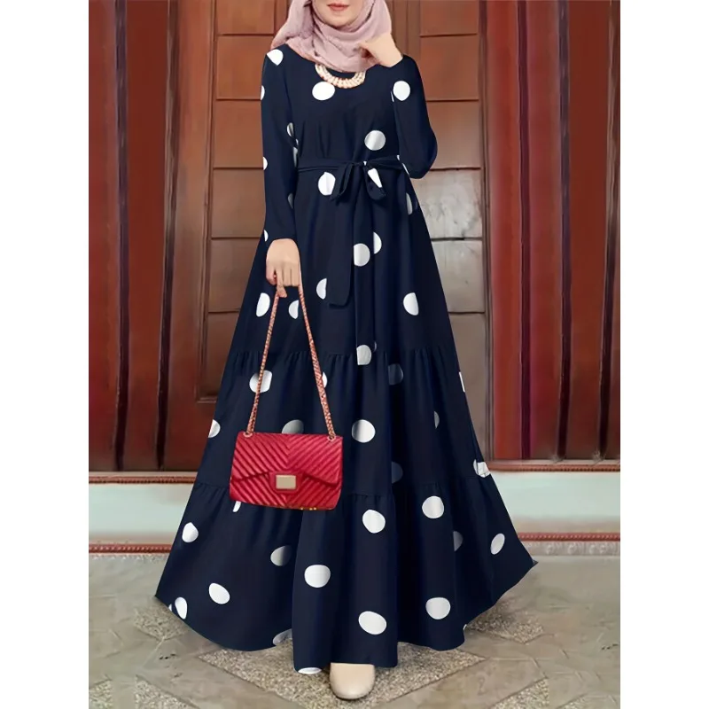 

New Muslim Casual Large Polka Dot Print round Neck Overhead Long Sleeve Belted Full Skirt Long Robe Dress Elegant Women's Wear