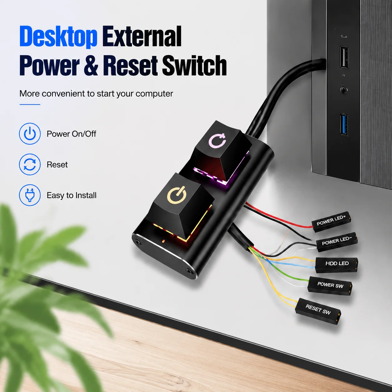 2m Desktop Computer Power Button with LED Light External Start Power On/Off And Reset Button for Gaming Enthusiasts