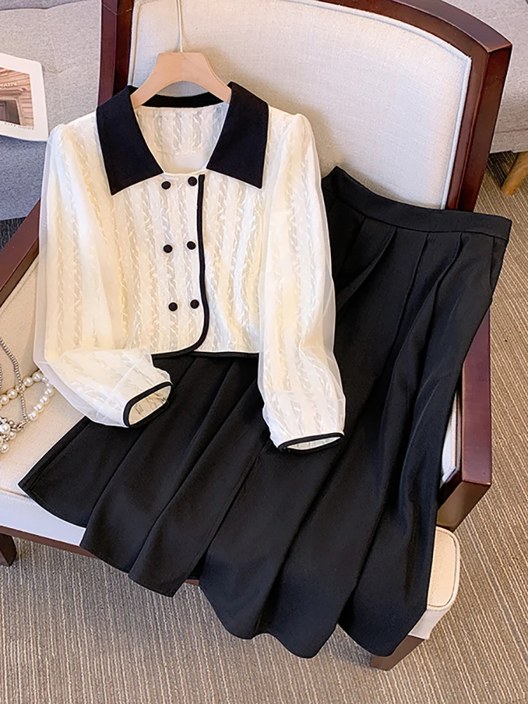 2024 Autumn Winter White Lace Long Sleeve Polo Collar Shirts+Black Pleated Skirt Two Piece Sets Women Korean Elegant Casual Suit