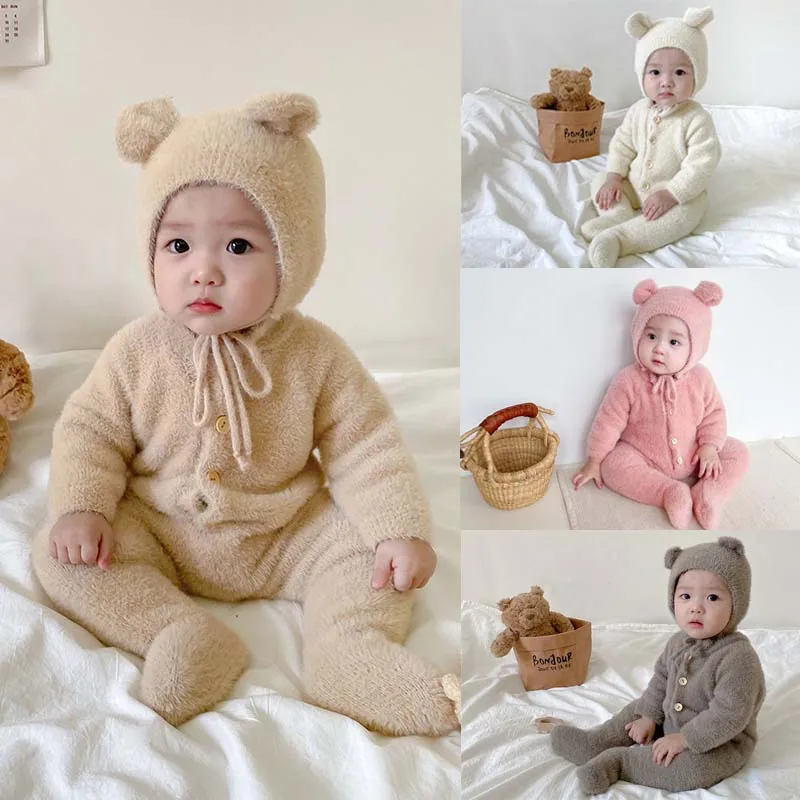 

2Pcs Winter Baby Romper Hat Faux Fur Footed Newborn Jumpsuits for Girls Boys Clothes Soft Warm Toddler Outfit Set Kids Clothing