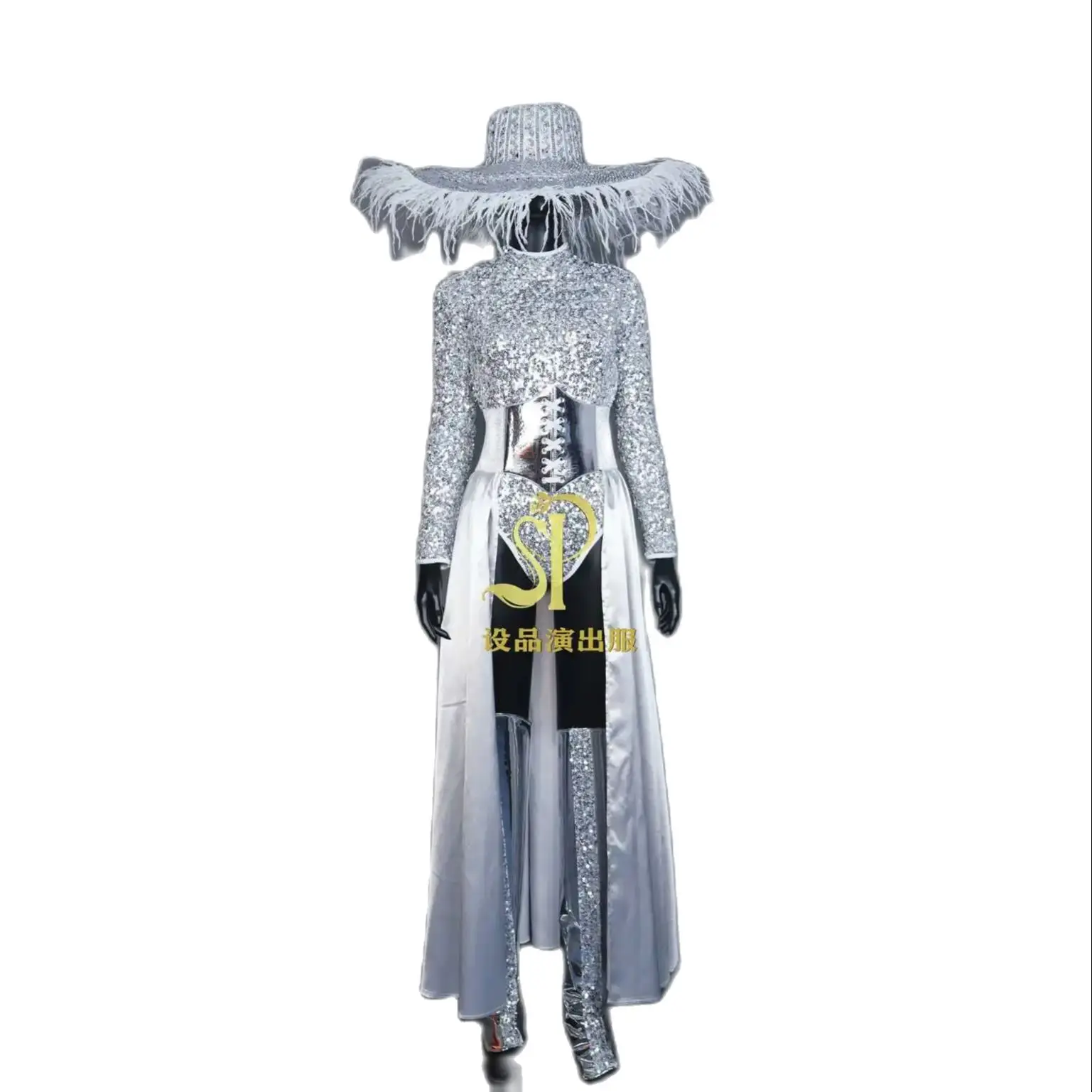 Bar Nightclub Ds Performance Rave Outfits Sexy Gogo Dance Costumes Silver Sequins Bodysuit Laser Legs Cover Drag Queen Costume