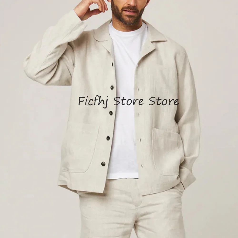 

Льняной модный костюм, топ, однобортные костюмы, костюмы с тремя карманами, мужская куртка, повседневные мужские пиджаки с лацканами, легкие куртки
