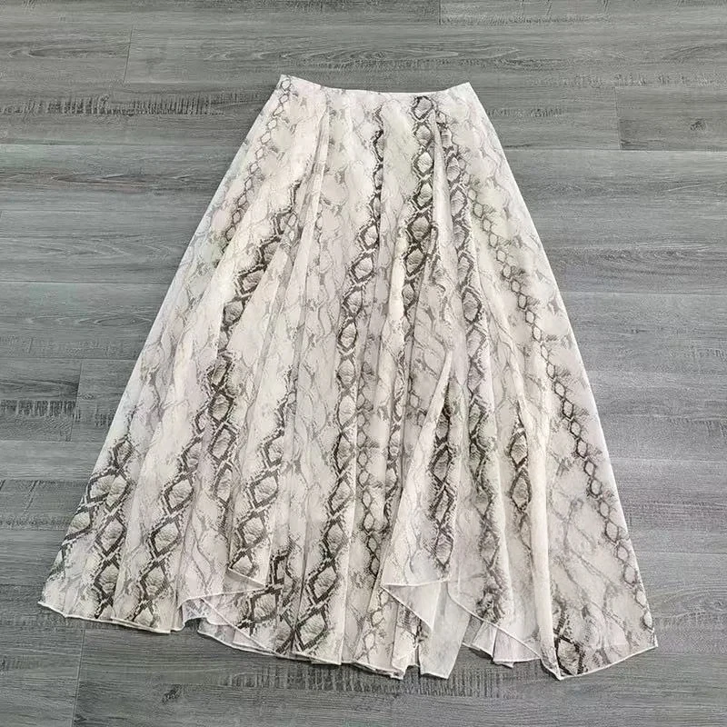 

2026 Women's Snake Print Chiffon Maxi Skirt, High Waist A-Line Flowy Asymmetric Hem Casual Long Skirts for Summer Beach Skirts