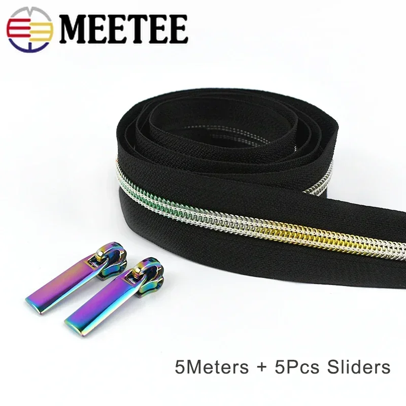 5Meter 5 # Regenboog Nylon Rits Tape Met Zip Puller Slider Tas Kleding Jas Decoratieve Ritsen Reparatie Kit Diy naaien Accessoires