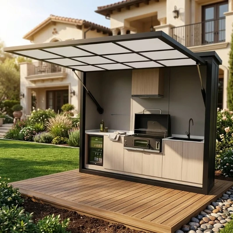 Portable Modular Outdoor BBQ Kitchen, Weatherproof Cooking Station Equipped with Retractable LED Awning, Sink & Storage Lockers