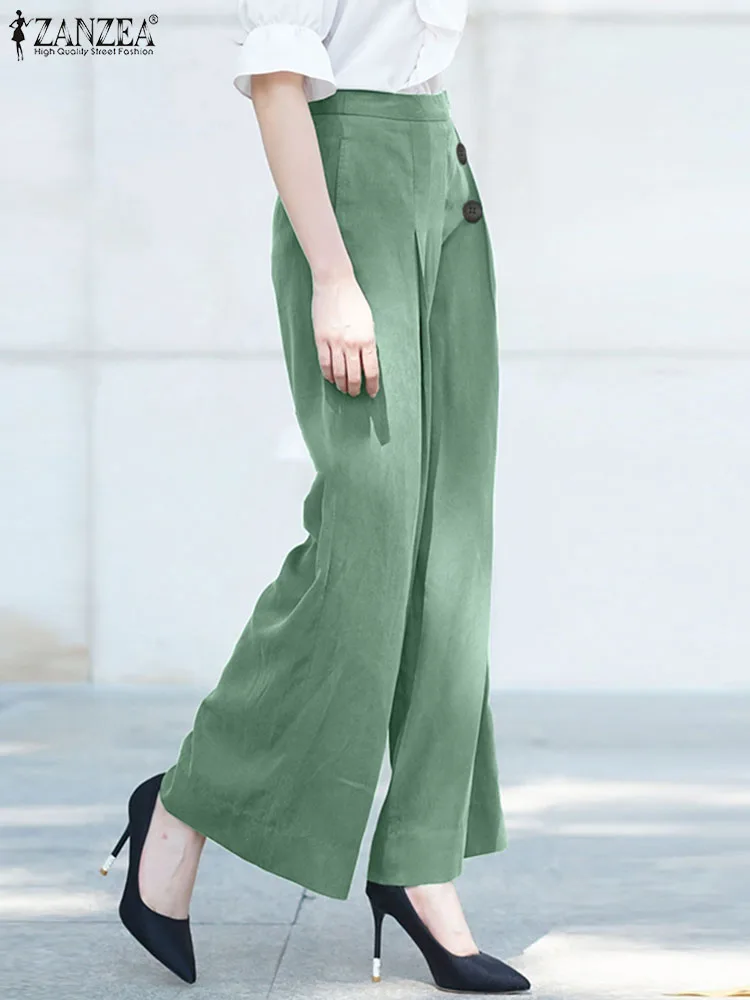 

ZANZEA Vintage OL Solid Trouser Capris Oversized Wide Leg Pants Women 2024 Summer Suit Pants Elegant High Waist Pantalon Palazzo