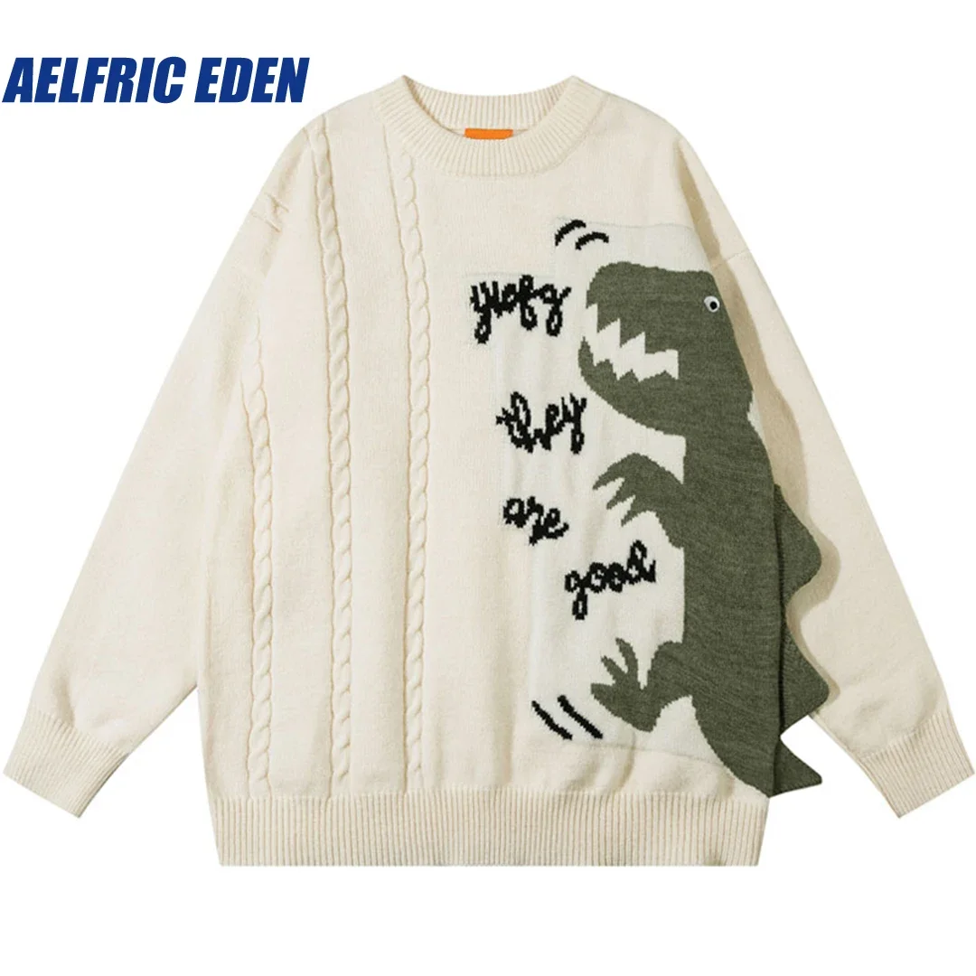 Aelfric Eden Knitted Funny Cartoon Jumper Y2K Men Hiphop Dinosaur Sweater Harajuku Streetwear 2023 Casual Loose Sweater Knitwear