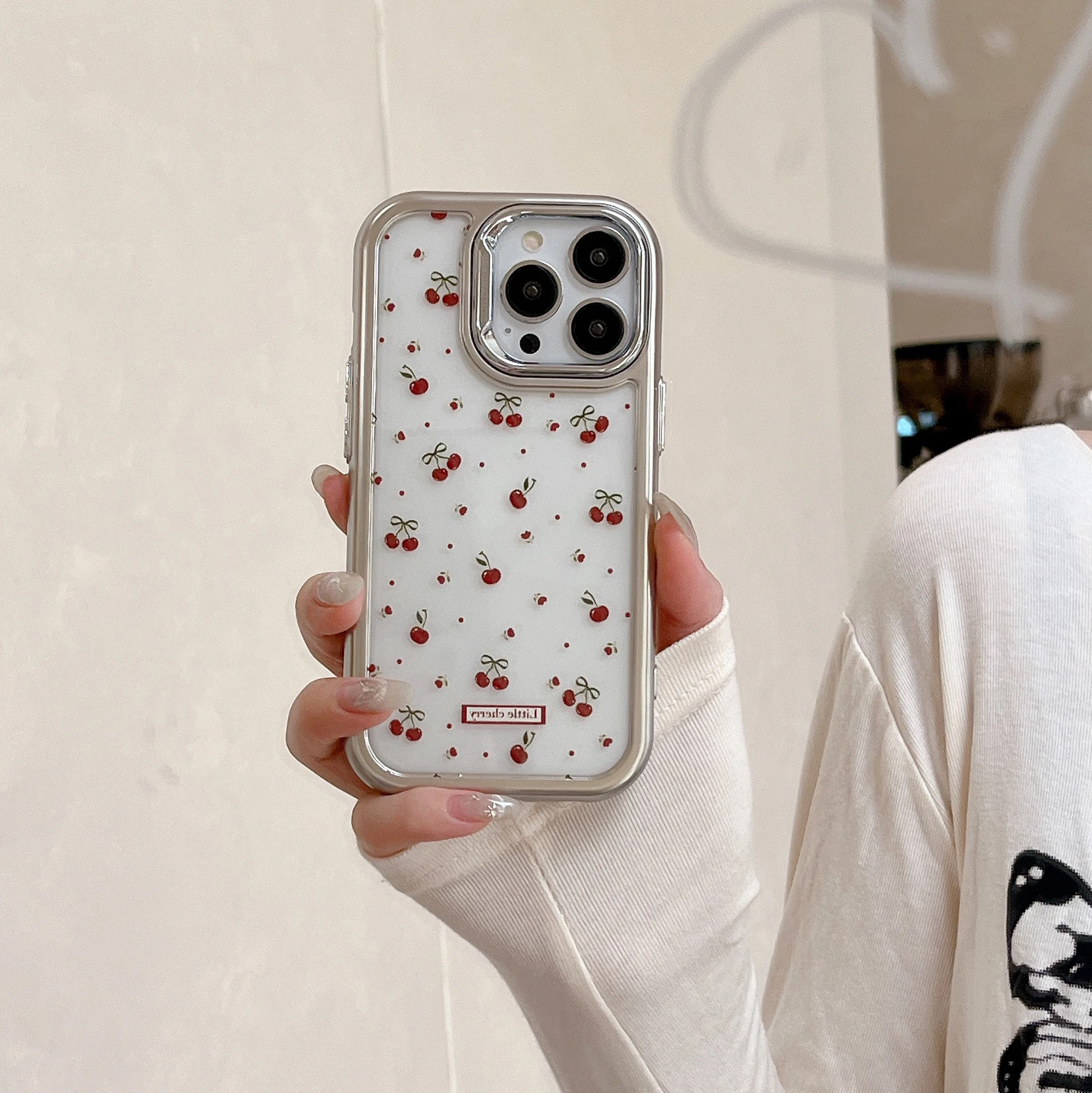 Korean Electroplated Frame Refreshing Cherry Chic Phone Case for iPhone 16 15 14 13 11 Pro Max Plus Back Cover for 12 Pro Max