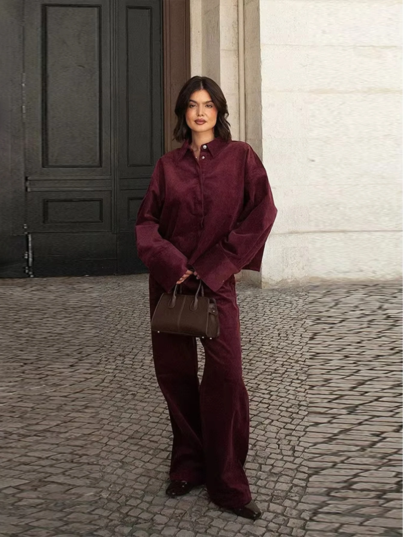 

Women's Corduroy Loose Shirt Wide-Leg Pants Set Burgundy Retro Casual Streetwear Two-Piece Outfit