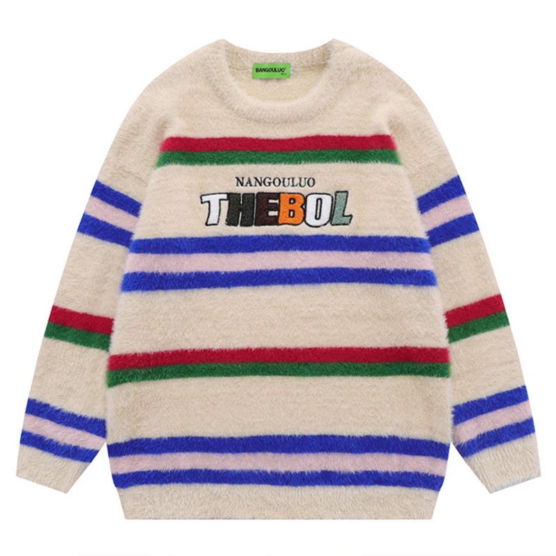 

Fluffy Stripe Sweater Knitted Cardigan Men Loose Striped O-neck Sweater Knitwear Fall Winter Harajuku Hip Hop Oversized Sweaters