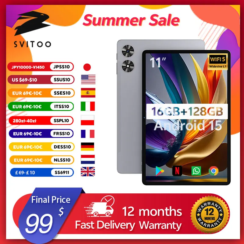 

SVITOO 11-inch Tablet Android 15 16GB RAM 128GB ROM Octa-Core T606 8000mAh Battery Type-C Widevine L1 Tablets Global Version