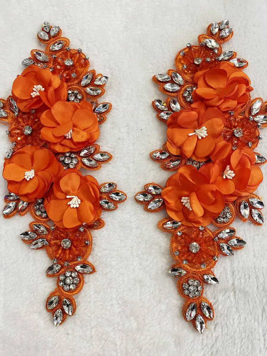 

3D Flowers Embroidered Applique for Luxury Evening Dress Making Fabric Heavy Beadwork Lace Trim with Rhinestones Material
