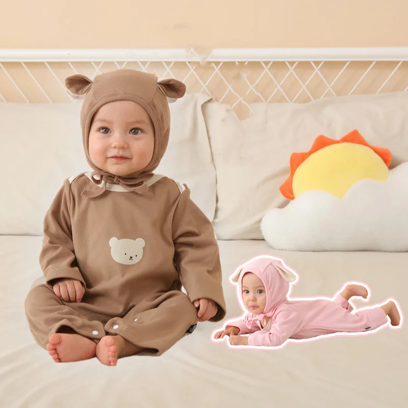 2024 Autumn Velvet Newborn Girl Rompers Cotton Rabbit Printed Long Sleeve Baby Girl Bodysuits Solid Detachable Ears Kid Girl Hat