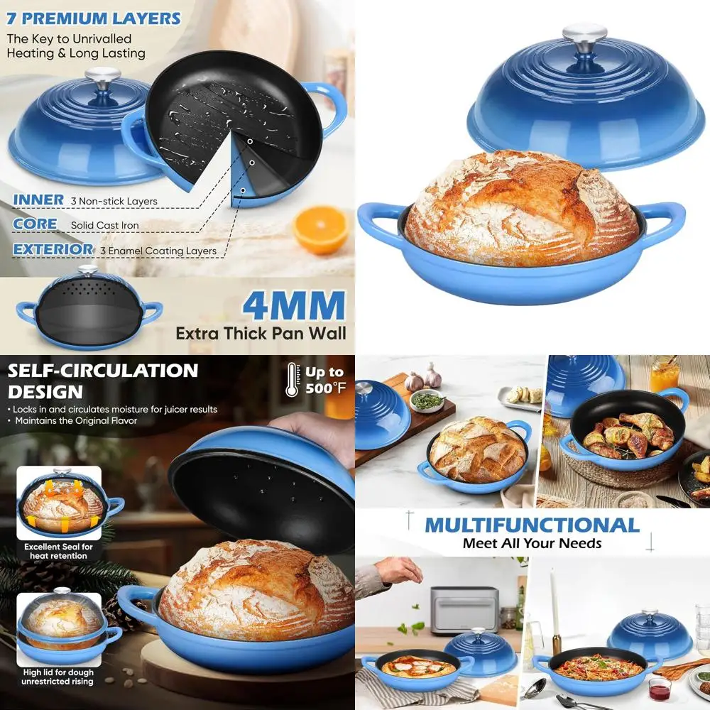 

Enameled Cast Iron Dutch Oven, 5.5 QT Sourdough Bread Baker with Lid, Heavy Duty Handles, Non-Stick, Oven-Safe to 500°F, Blue