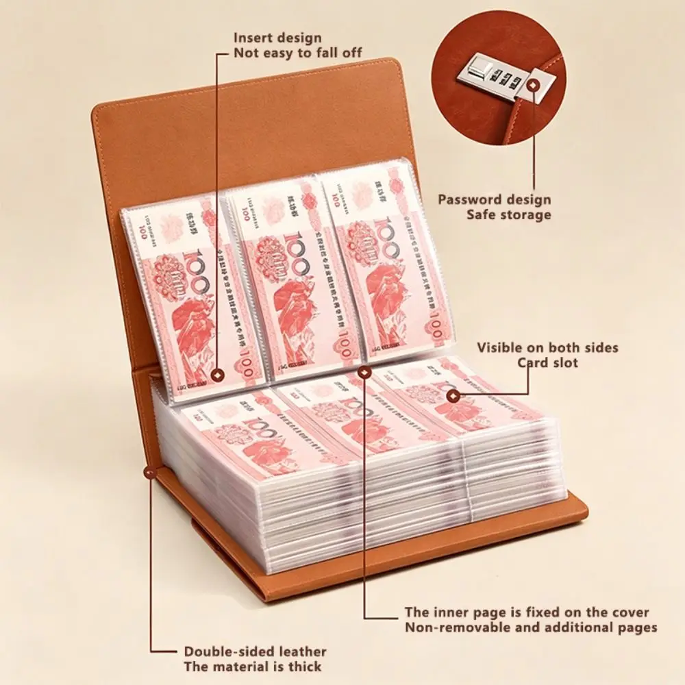 PU Leather Money Savings Binder with Combination Lock 1000 Pockets Savings Binder Large Capacity Money Organizer Album