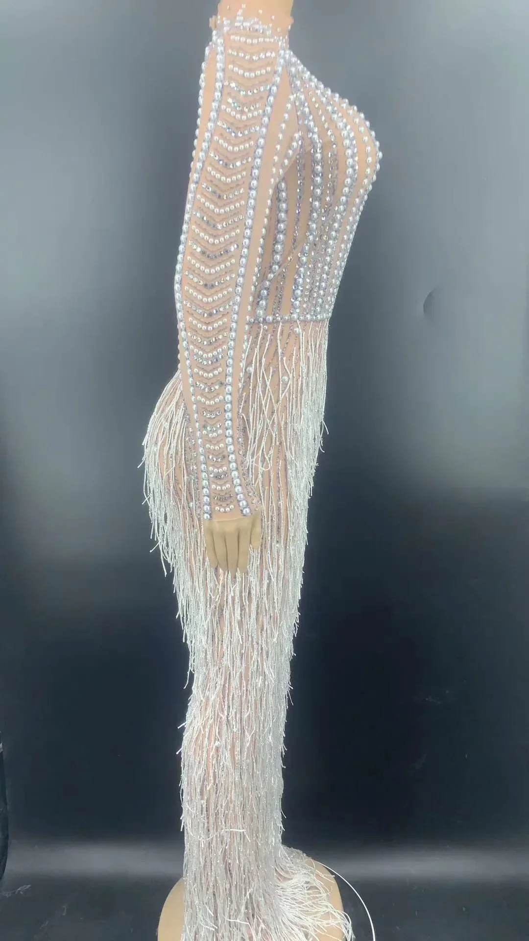 Vestido largo sexi con abertura y borlas de diamantes de imitación y perlas brillantes para mujer, ropa de fiesta de noche, disfraces de escenario