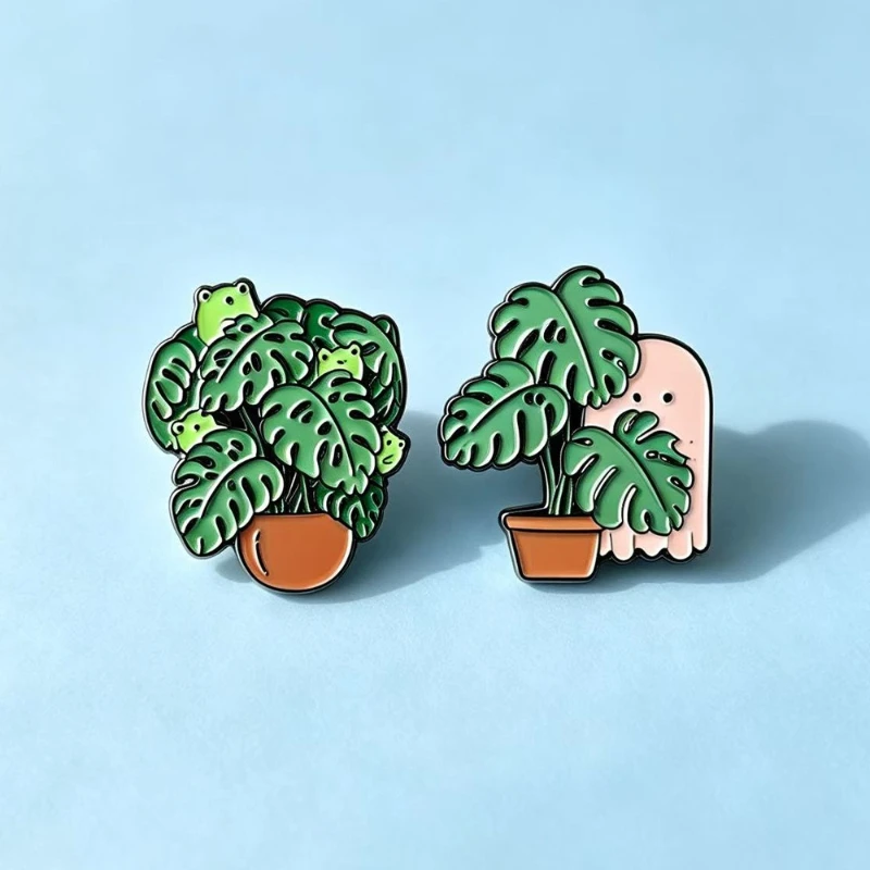 European American New Creative Green Plant Brooch Alloy Enamel Badge Potted Animal Accessories Pin for Gift DIY Clothing Bags
