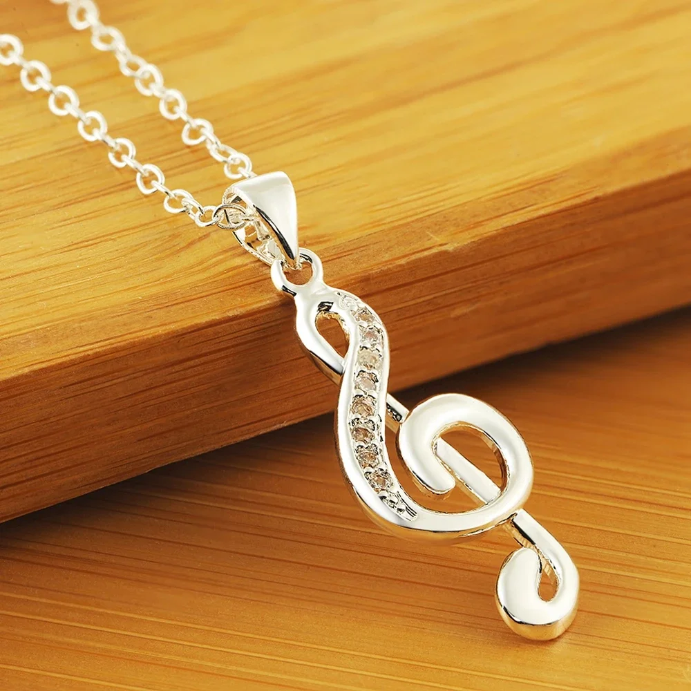 

45cm 925 Sterling Silver Noble Crystal Pretty Music Note Pendant Necklace For Women Fashion Party Jewelry Holiday Gifts