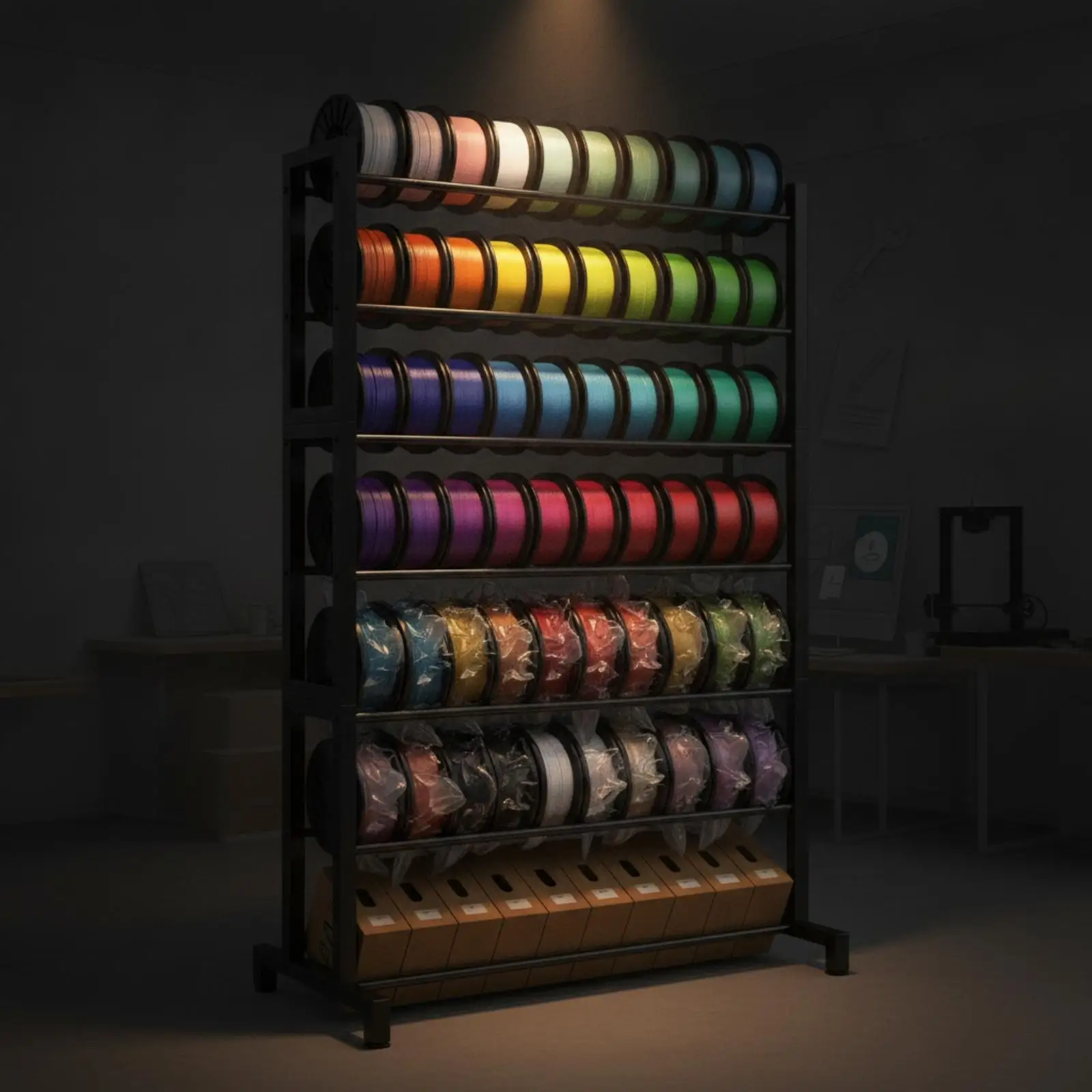 Multi Tier Filament Storage Rack Black Iron Frame Organizer for 3D Printer Material Spools Tools and Boxes